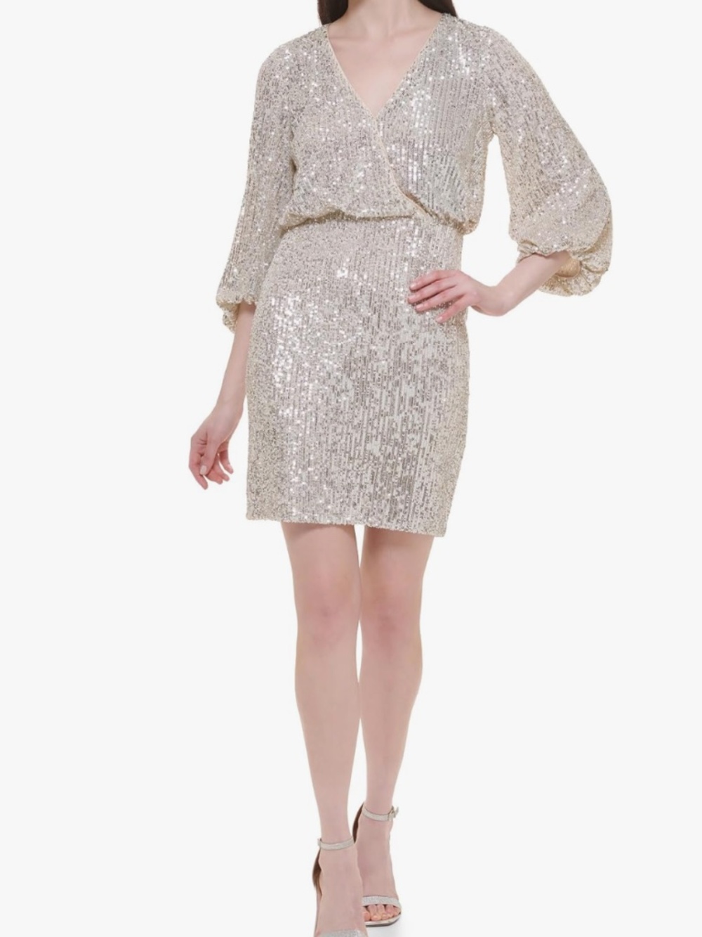 NWT Eliza J Balloon Sleeve Sequin Faux Wrap Dress Champagne Gold Size 6
